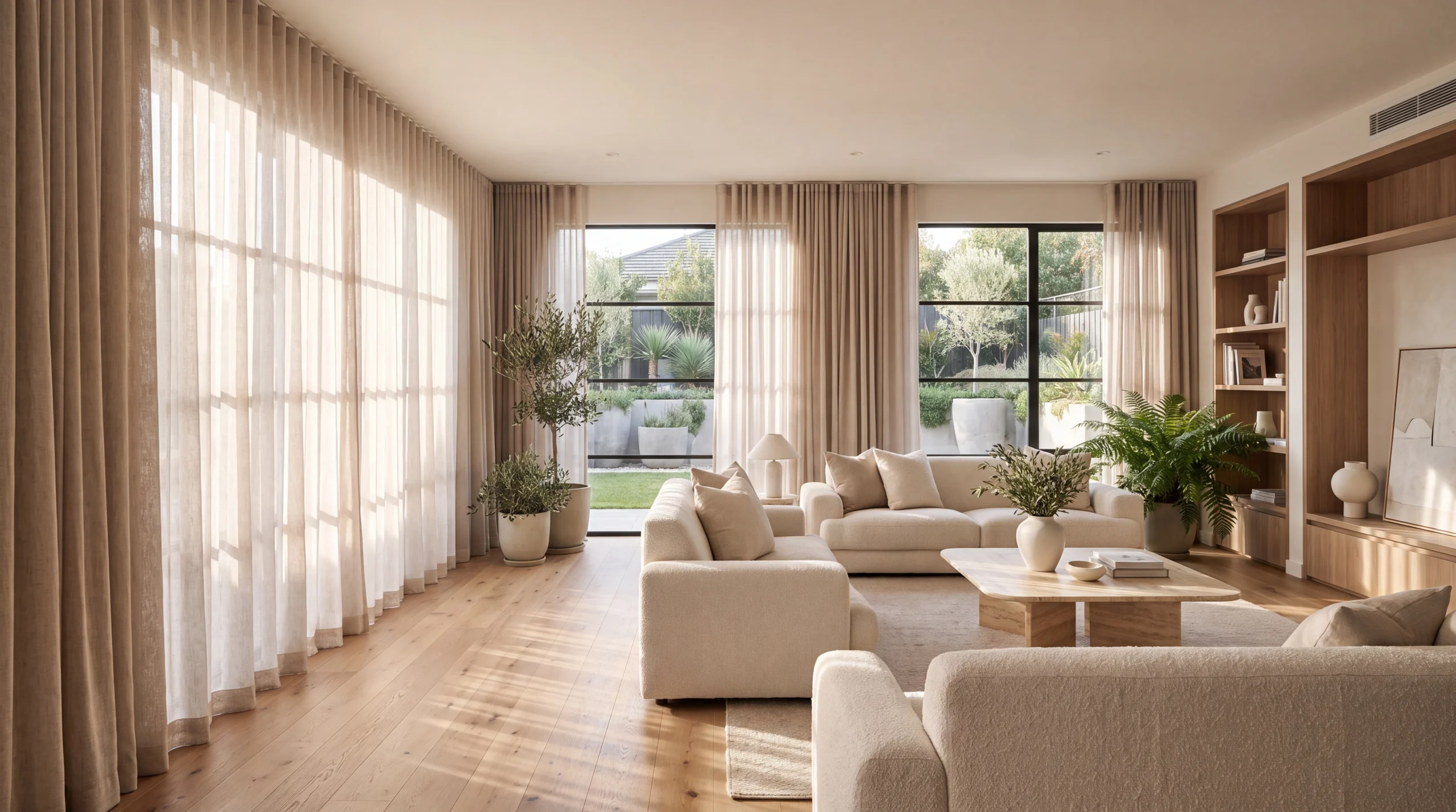 Modern Melbourne living room featuring floor-to-ceiling sheer curtains, neutral linen drapes, and premium custom window furnishings.