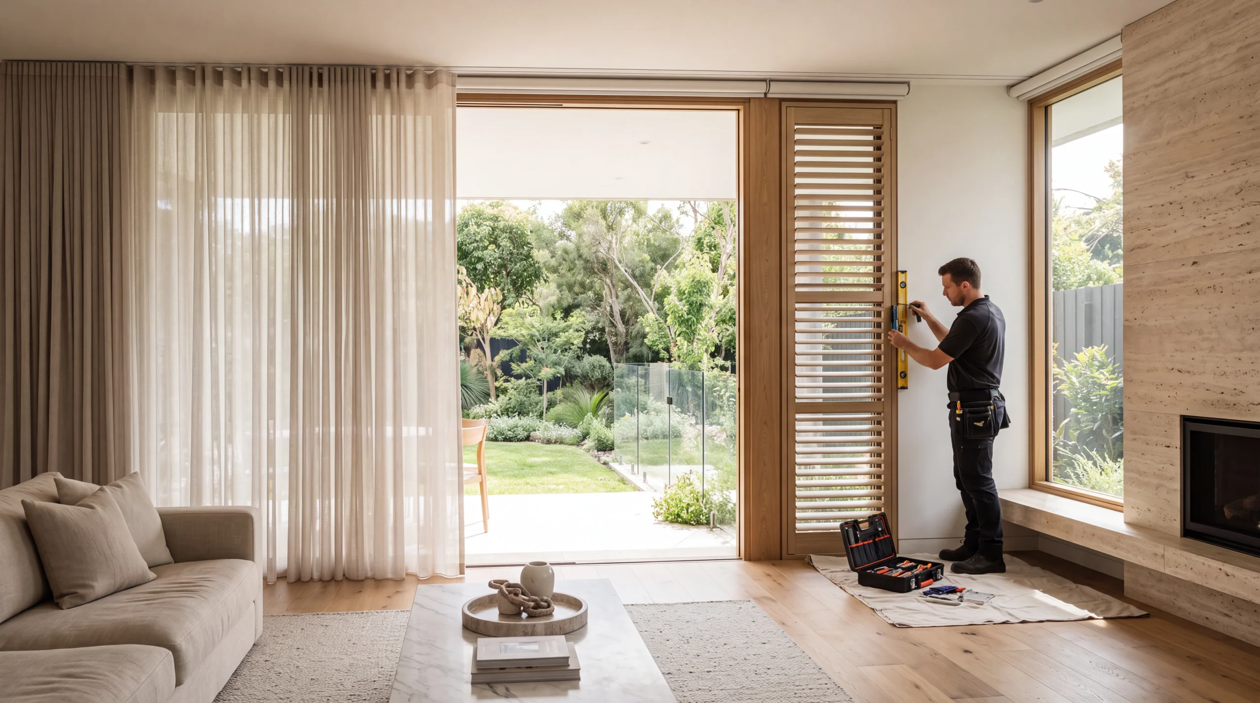 Professional installer fitting custom roller blinds and curtains in a modern Australian home with large windows and premium interior finishes.