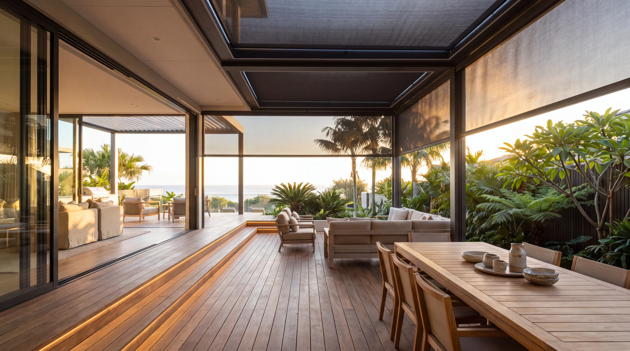 Luxury Australian outdoor entertaining area featuring custom motorised outdoor blinds, modern patio furniture, and an elegant alfresco living space.