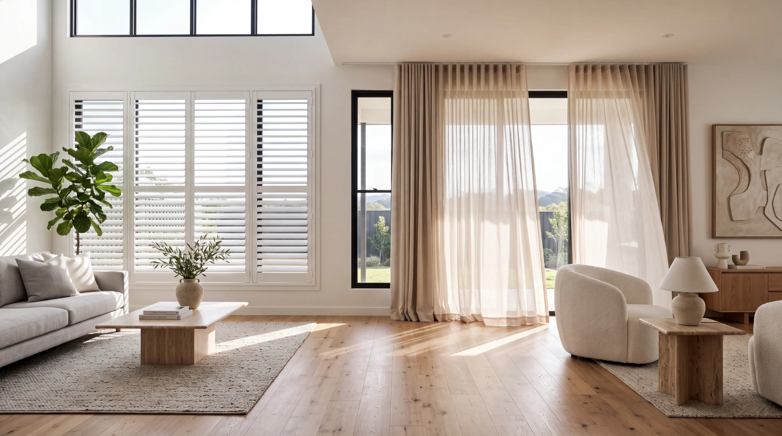 Luxury Australian living room featuring elegant white plantation shutters beside premium floor-length custom curtains in a modern home.