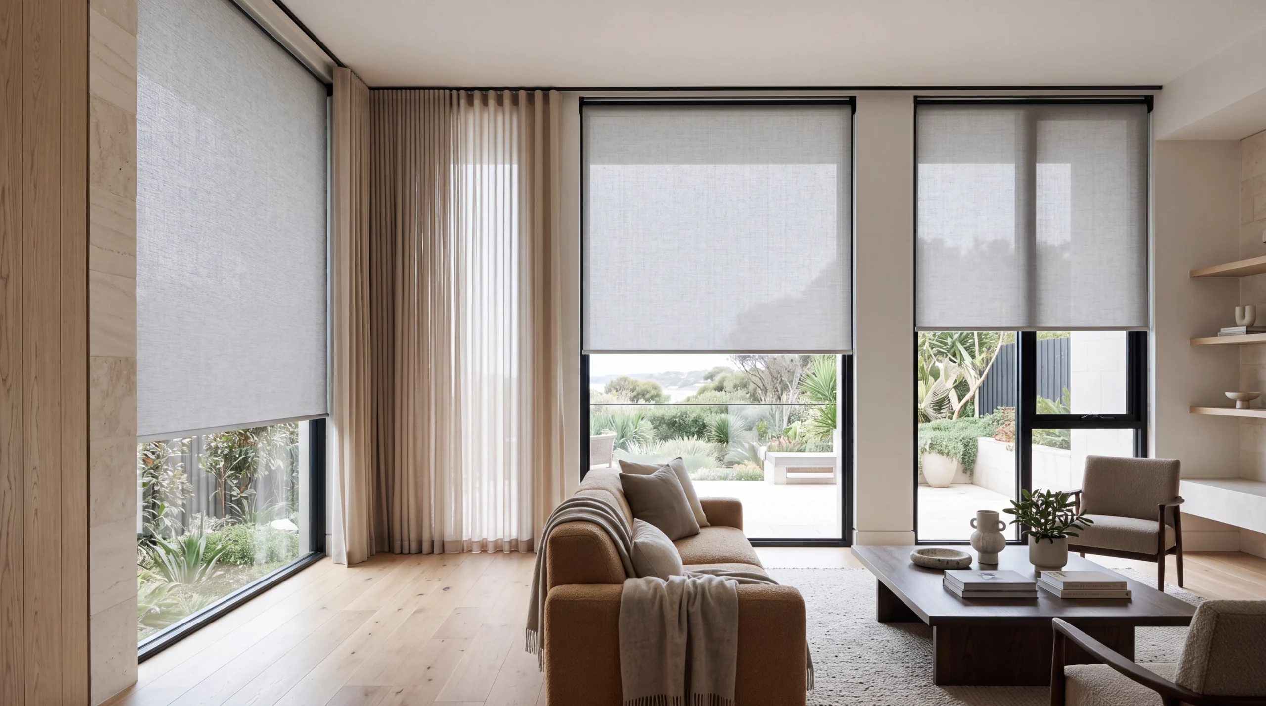 Luxury Australian home featuring custom roller blinds across large windows with coordinated interior furnishings and modern design.