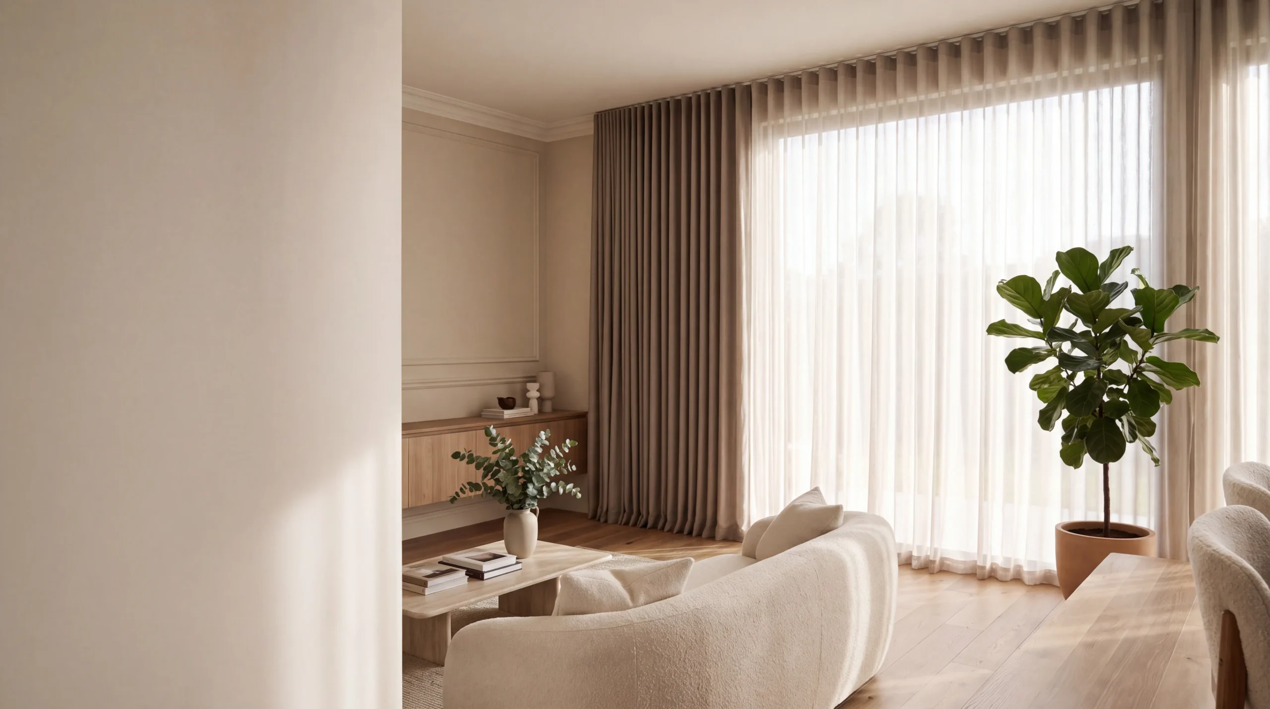 Modern Melbourne living room featuring layered sheer and blockout curtains with soft natural light, elegant furnishings, and premium window coverings.