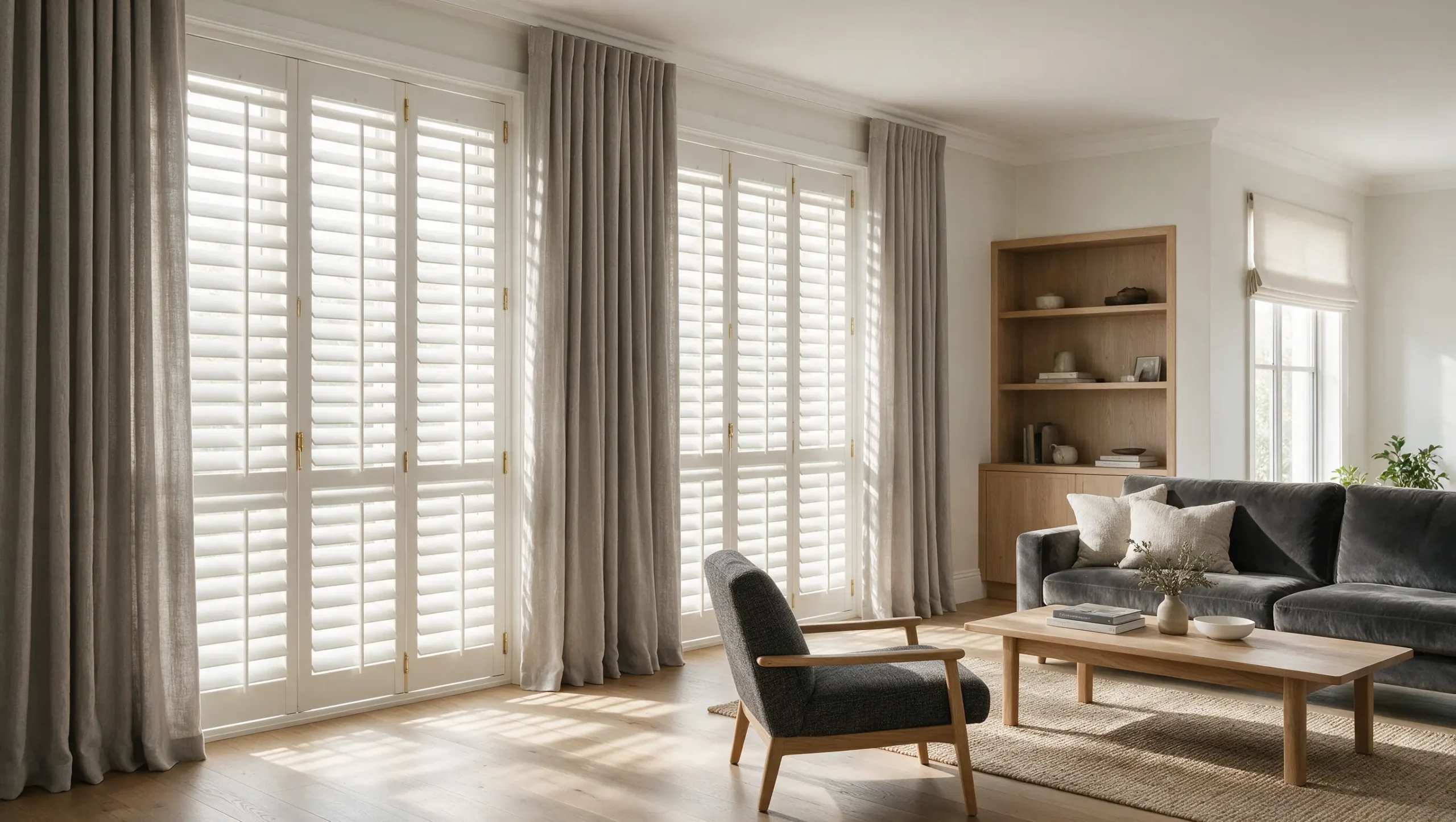 Elegant plantation shutters and curtains in a bright modern living room.