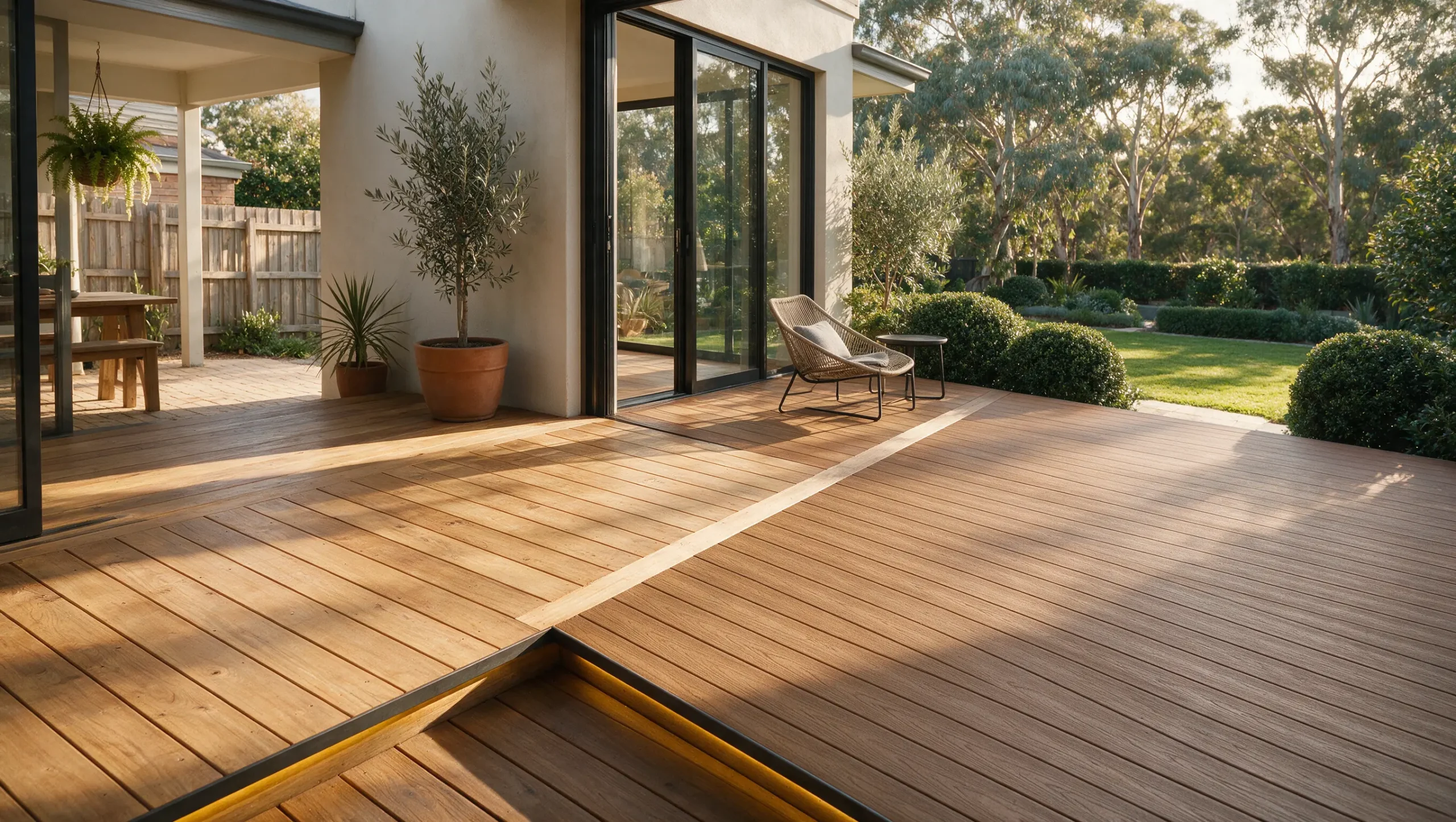 Australian backyard deck combining natural timber and modern composite decking materials.