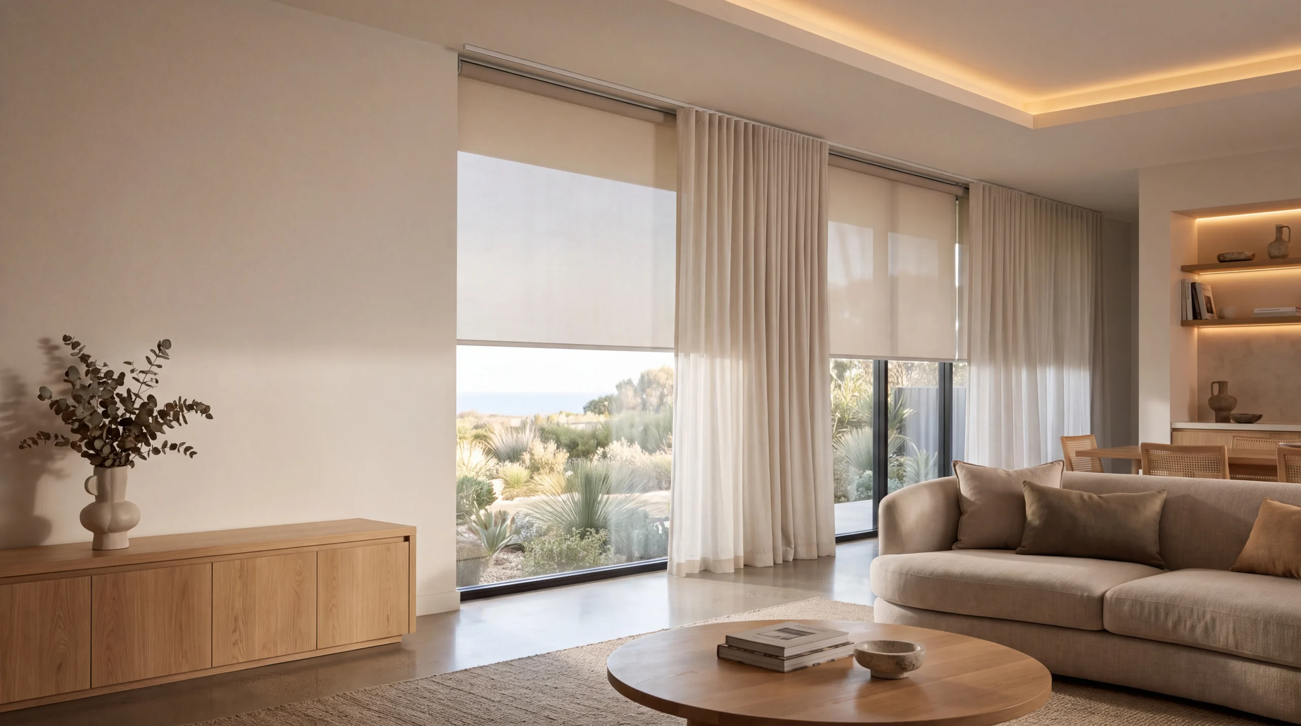Automated blinds and motorised curtains in a modern living room