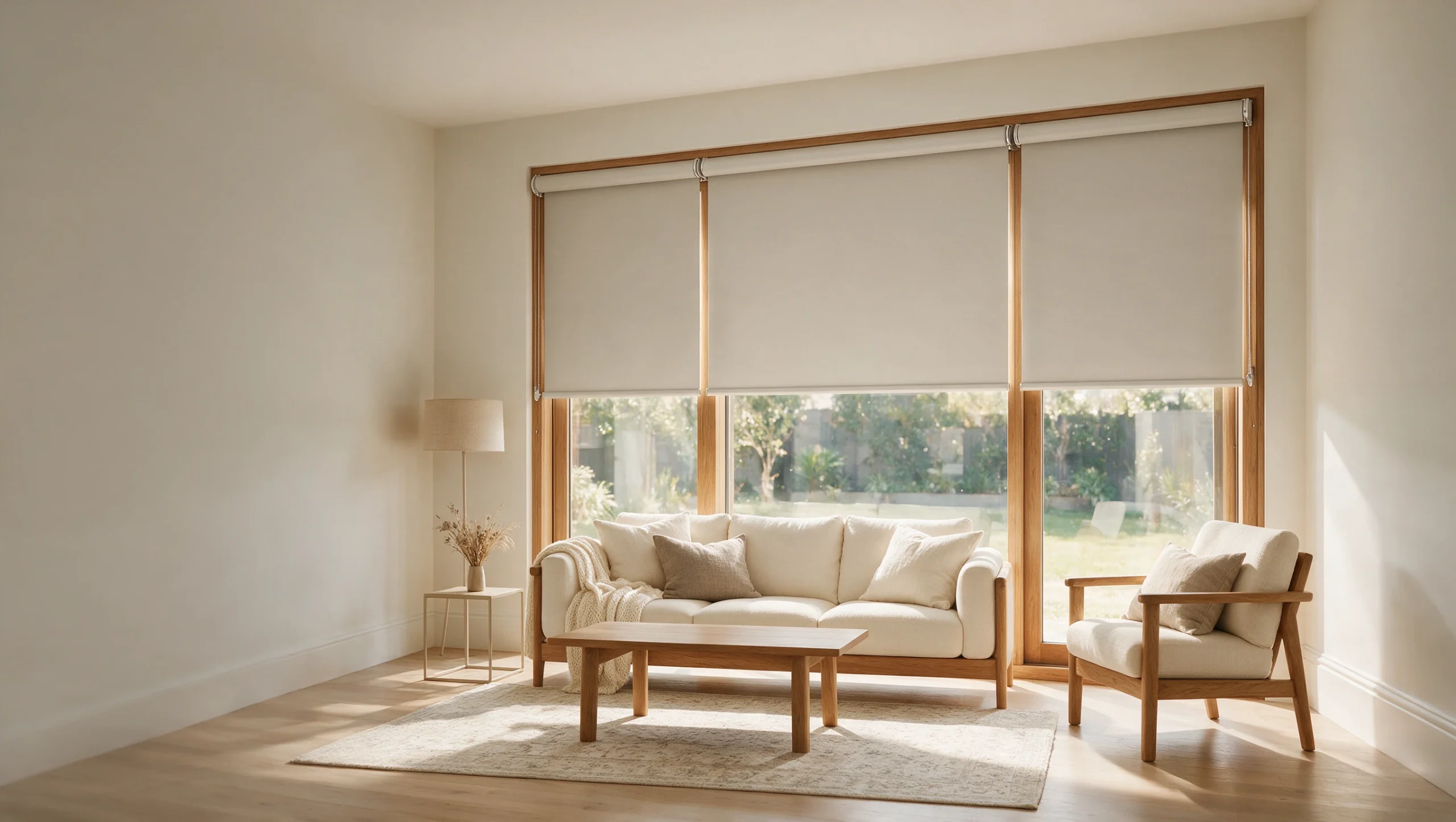 Contemporary living room with neutral roller blinds matching the interior style