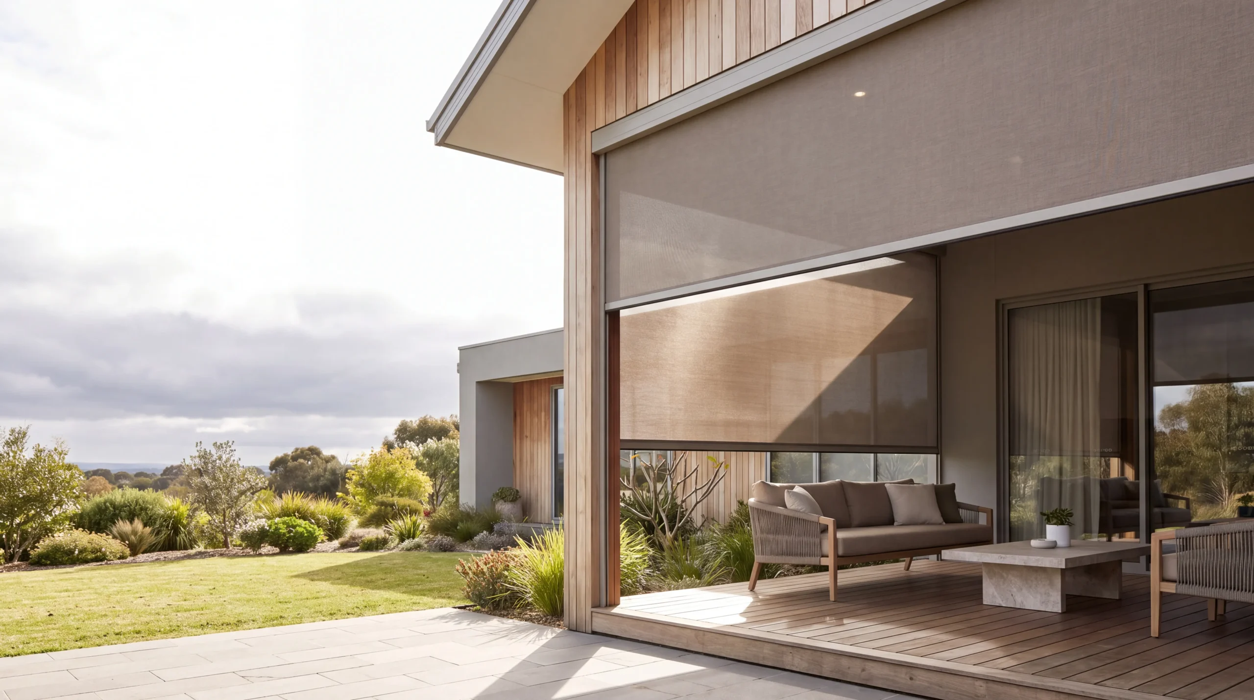 Outdoor blinds enclosing a contemporary Australian alfresco living area
