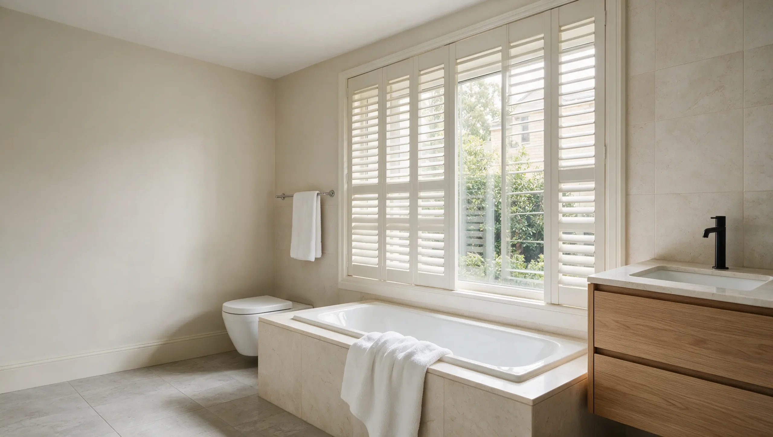 Plantation shutters fitted to a window in a bright contemporary bathroom