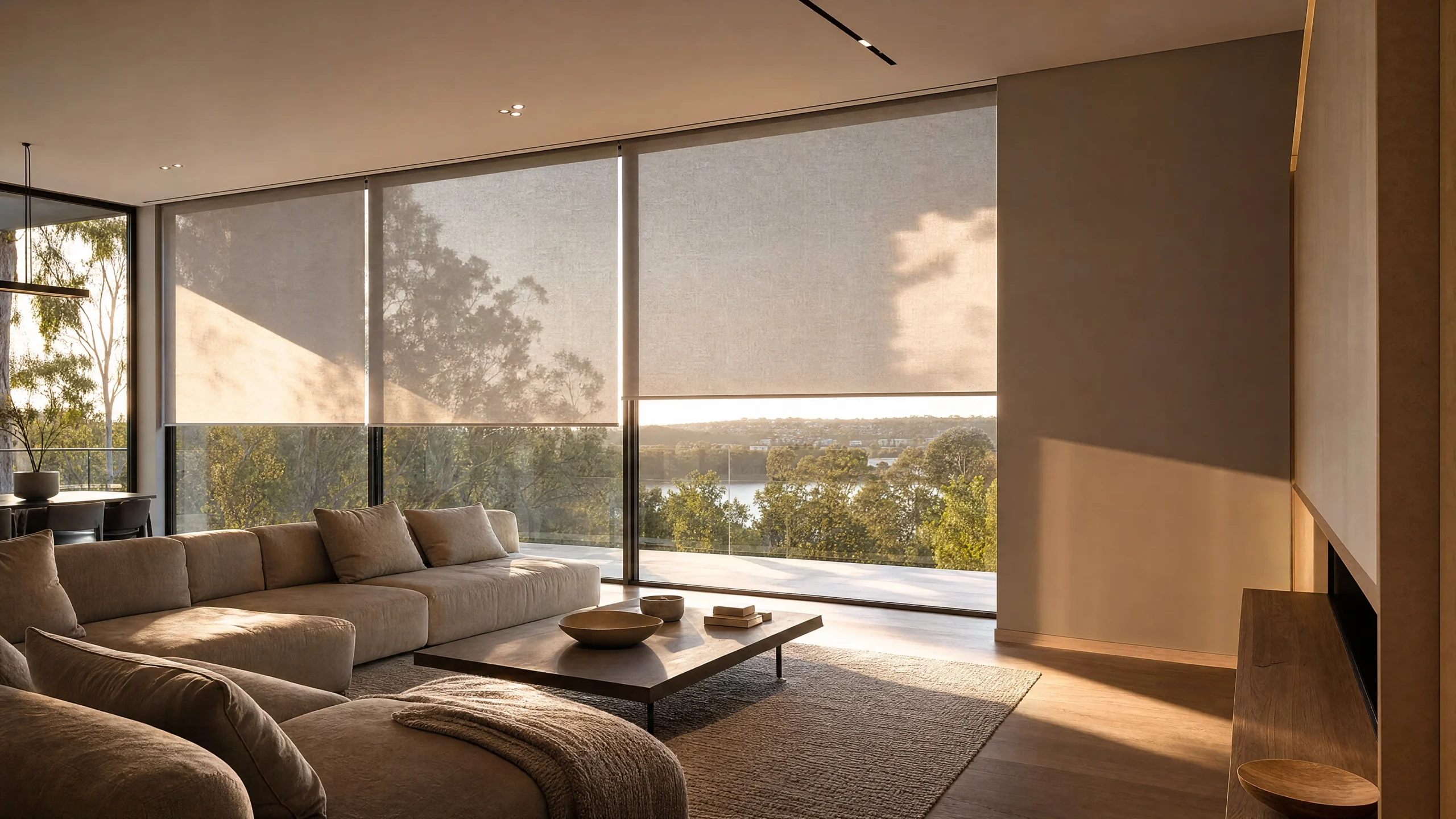 Modern living room with motorised blinds integrated into a smart home