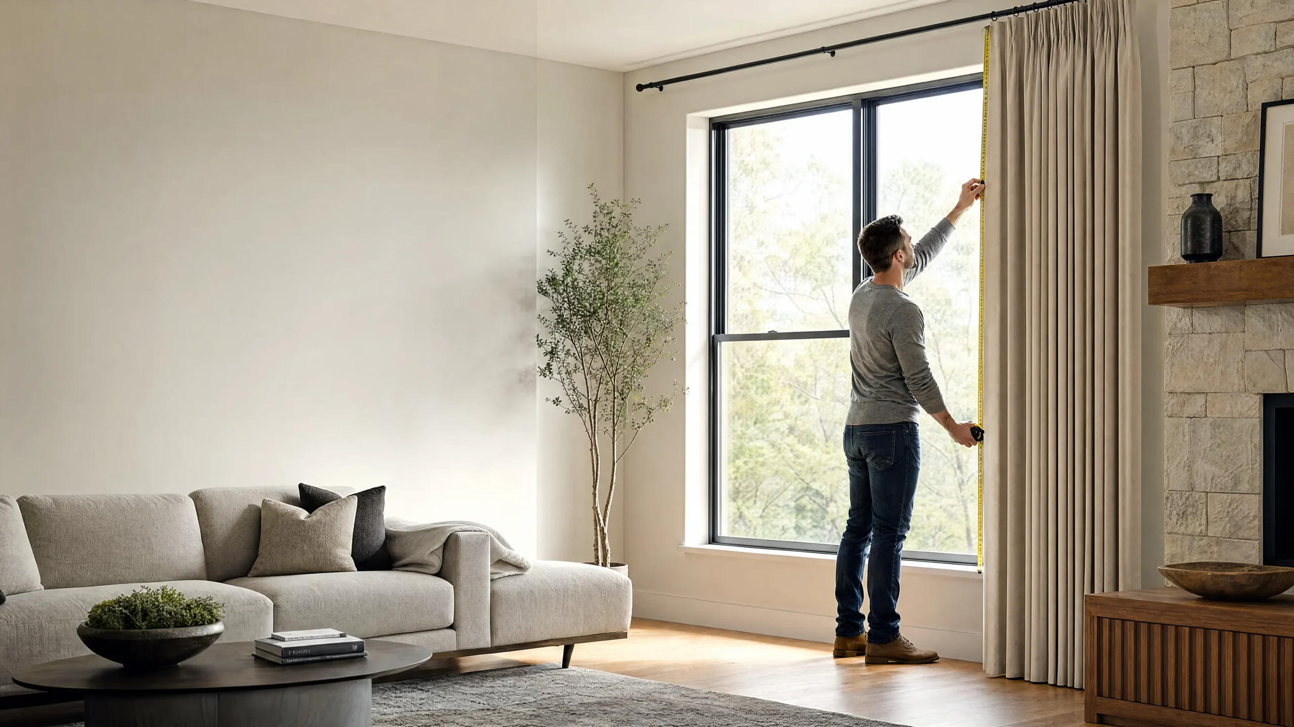 Homeowner measuring a window for custom curtains with a tape measure